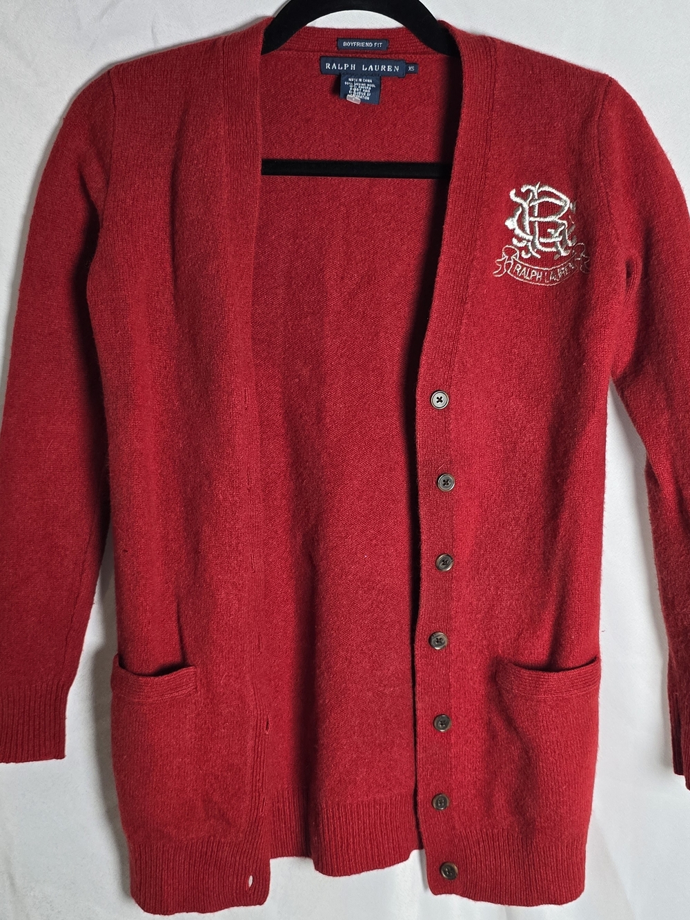 Ralph Lauren Boyfriend Fit Silver Monogram Red Button-Front Cardigan Sweater, XS